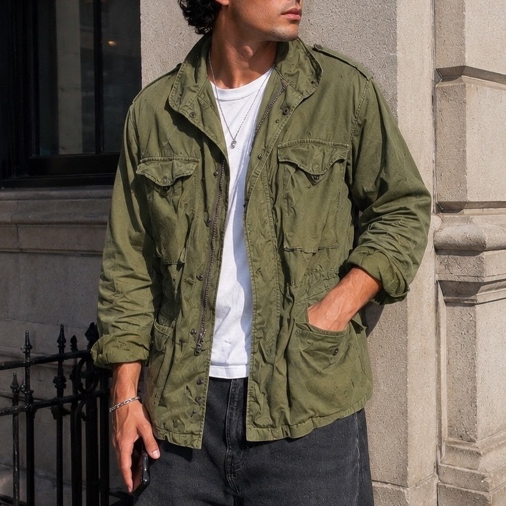 Vintage VTG Army coat field jacket green medium mens hoodie 60s 70s B5